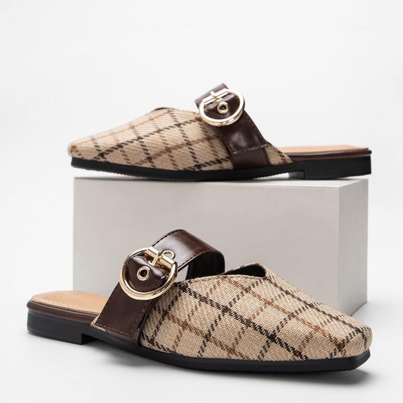 

Buckle Design Plaid Mules, Khaki