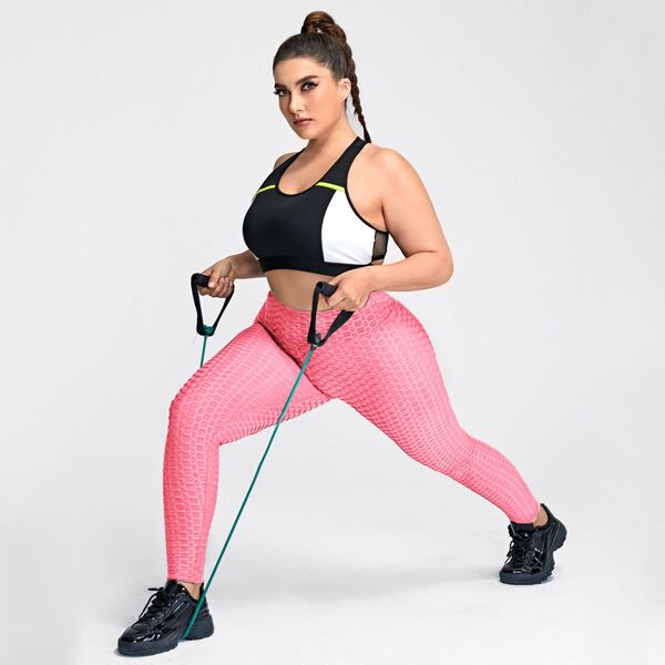 

Plus Textured Solid Sports Leggings, Pink