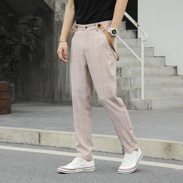 

Men Tartan Slant Pocket Overall Pants, Camel