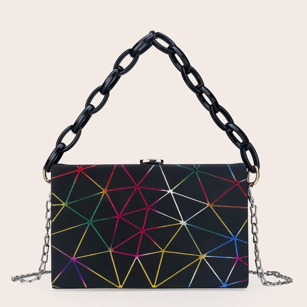 

Geometric Pattern Chain Box Bag, Black