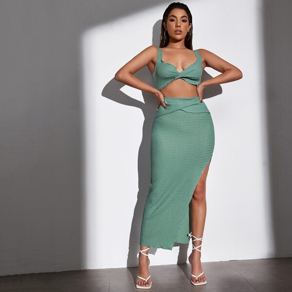 

Twist Detail Split Thigh Skirt, Green