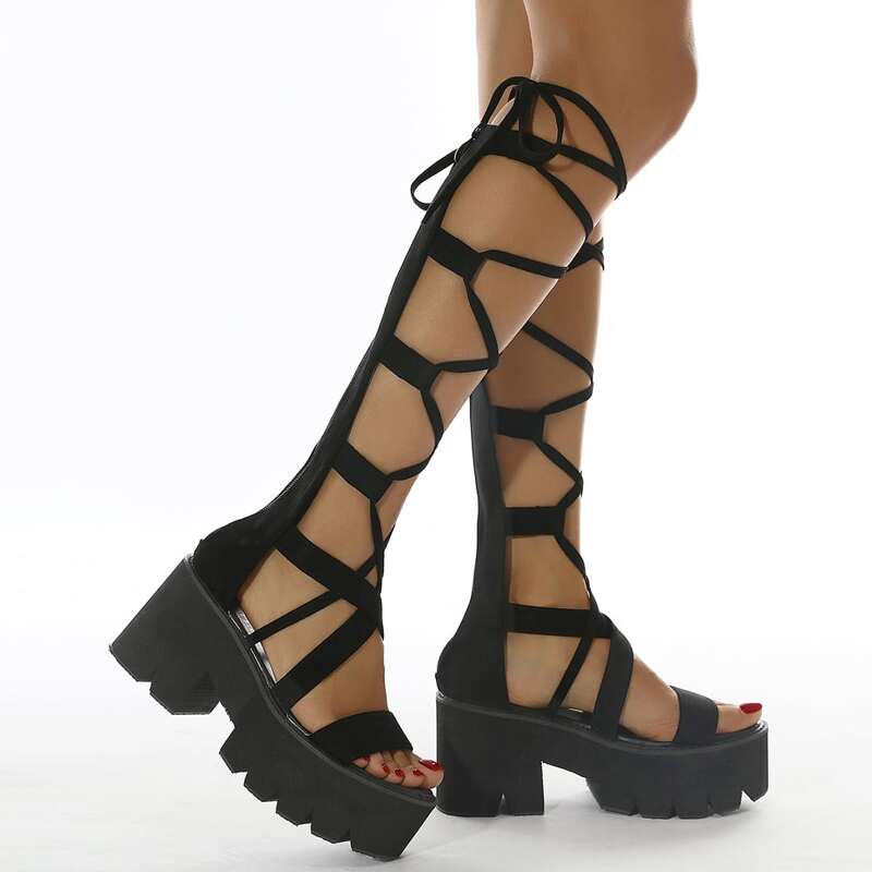 

Tie Leg Chunky Heeled Sandals, Black