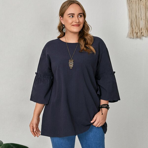 

Plus Frill Trim Drop Shoulder Blouse, Navy blue