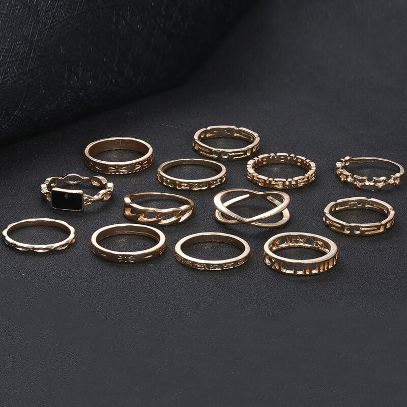 

13pcs Geometric & Star Decor Ring, Gold