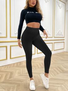 Textured Knit Leggings - Black - View 4