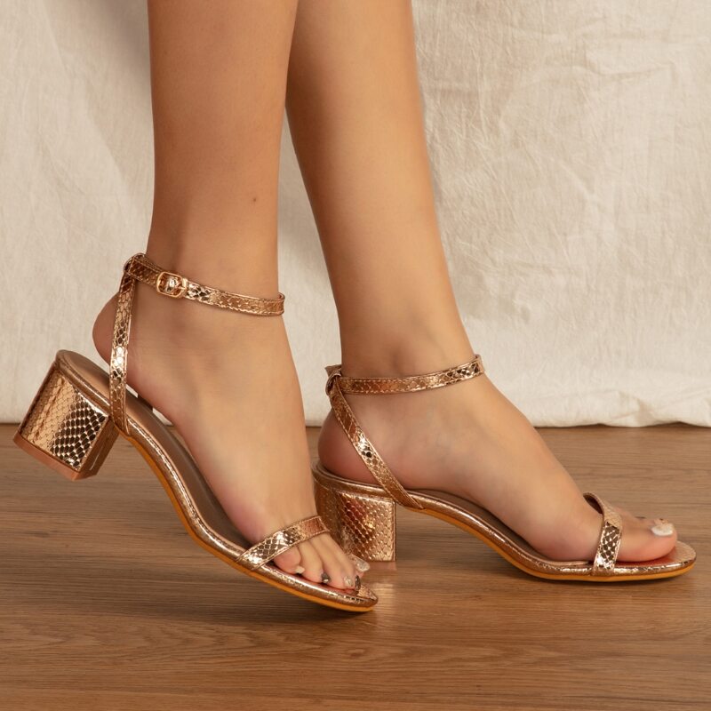 

Chunky Heeled Ankle Strap Sandals, Gold