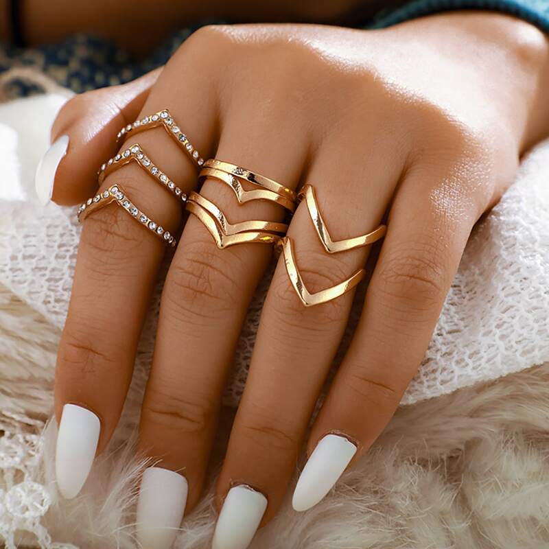 

5pcs Rhinestone Decor Ring, Gold