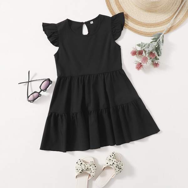 

Toddler Girls Solid Keyhole Back Ruffle Hem Smock Dress, Black