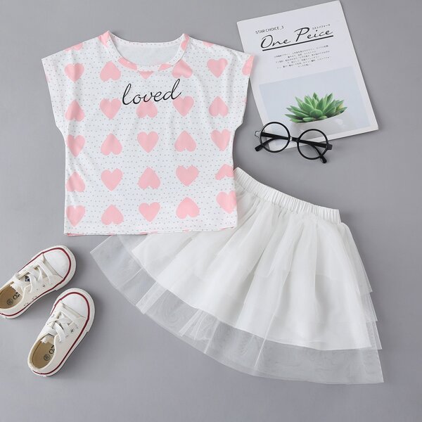 

Toddler Girls Letter And Heart Print Tank Top With Mesh Skirt, White