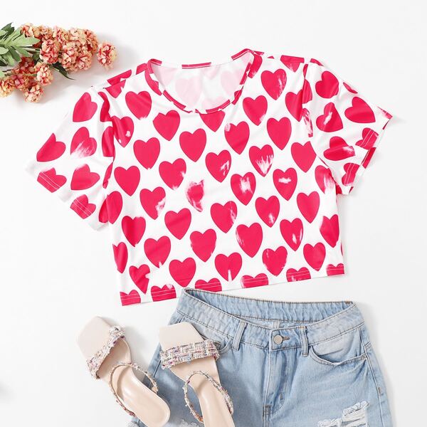 

Plus All Over Heart Print Crop Tee, Red and white