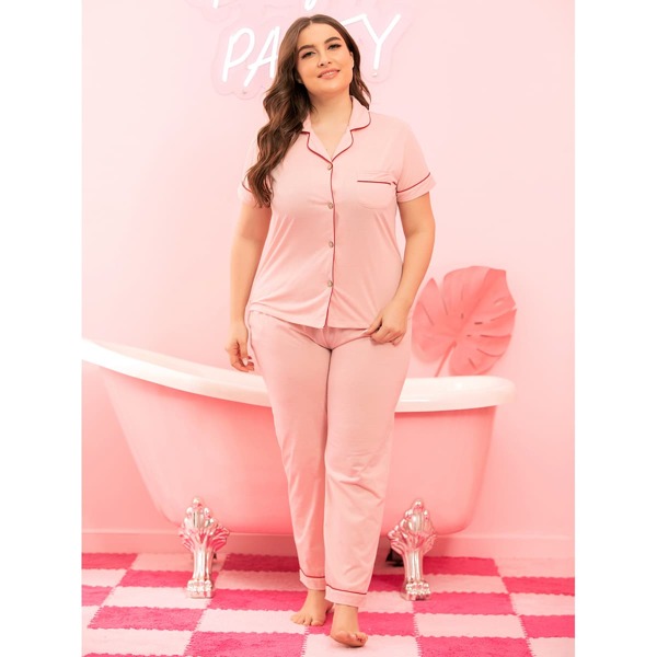 

Plus Contrast Piping Button Front Pajama Set, Baby pink