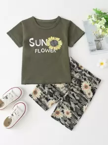 SHEIN Young Girl Sunflower Tee With Camo Biker Shorts, School, Campus, College - Army Green - View 1