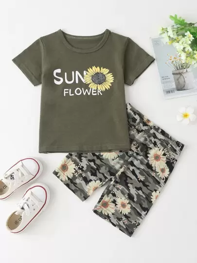SHEIN Toddler Girls Sunflower Tee With Camo Cycling Shorts