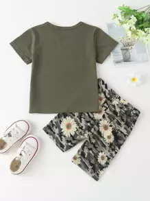 SHEIN Young Girl Sunflower Tee With Camo Biker Shorts, School, Campus, College - Army Green - View 2