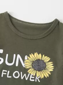 SHEIN Young Girl Sunflower Tee With Camo Biker Shorts, School, Campus, College - Army Green - View 3