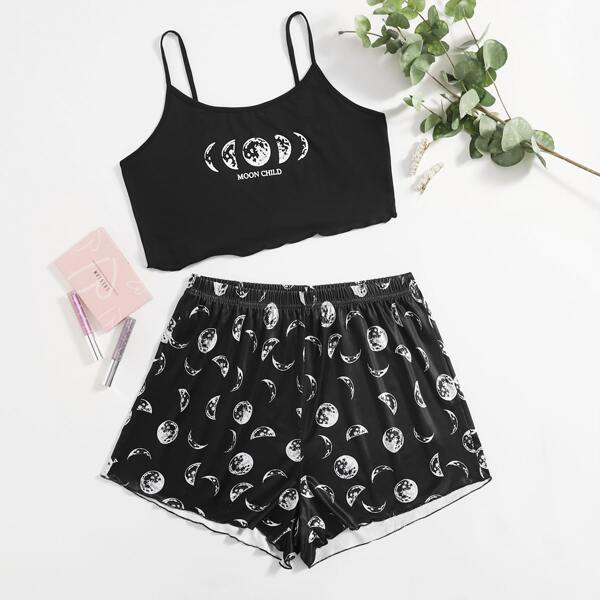 

Plus Moon And Letter Graphic Cami Pajama Set, Black
