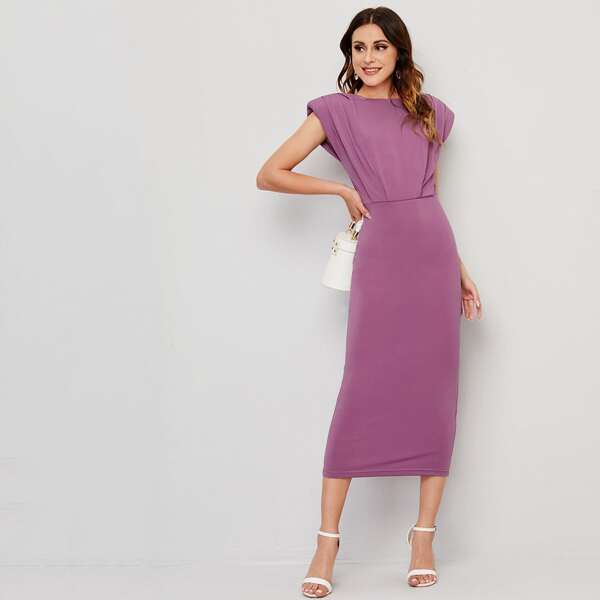 

Shoulder Padded Solid Dress, Purple