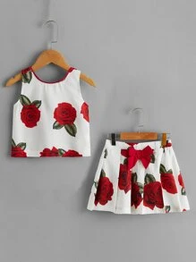 小女童印花背心上衣和蝴蝶結半身裙 - 彩色 - 查看 1