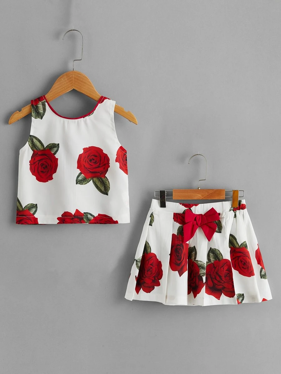 小女童印花背心上衣和蝴蝶結半身裙 - 彩色 - 查看 1
