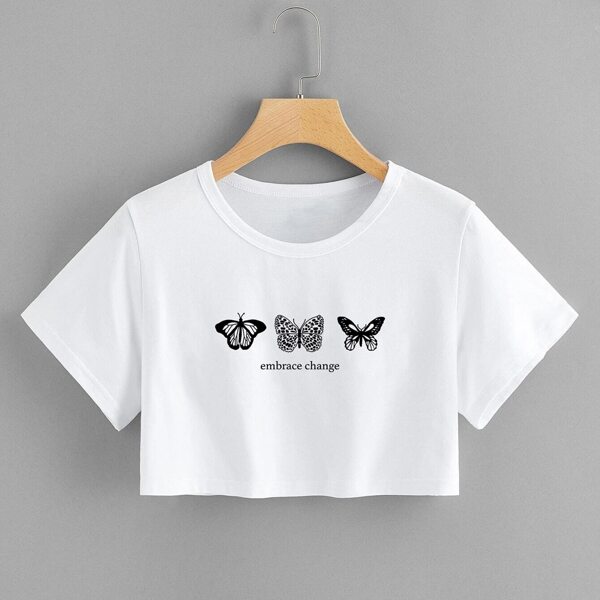 

Butterfly And Letter Graphic Crop Tee, White