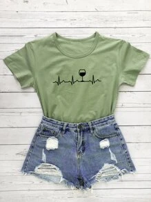 SHEIN LUNE Camiseta con estampado de ECG y vino - Verde Oliva - Ver 1