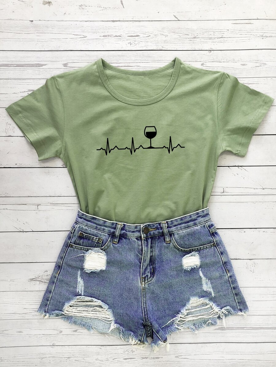 SHEIN LUNE Camiseta con estampado de ECG y vino - Verde Oliva - Ver 1