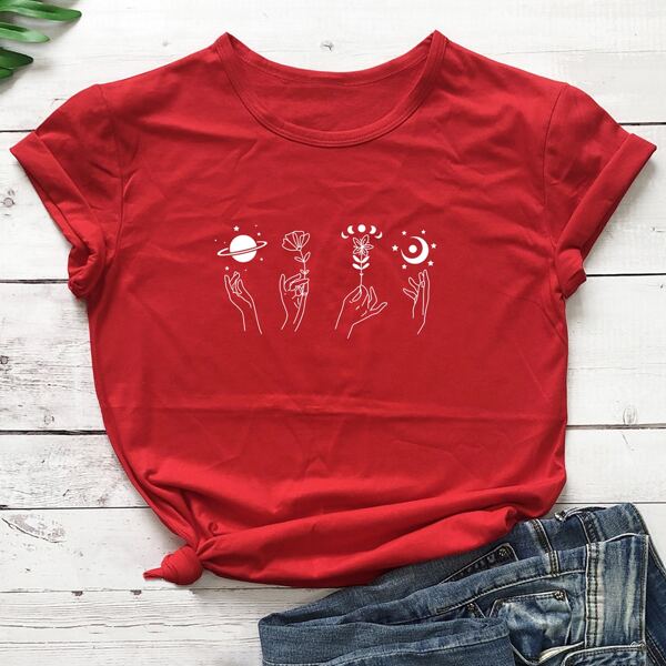 

Figure And Floral Print Tee, Red