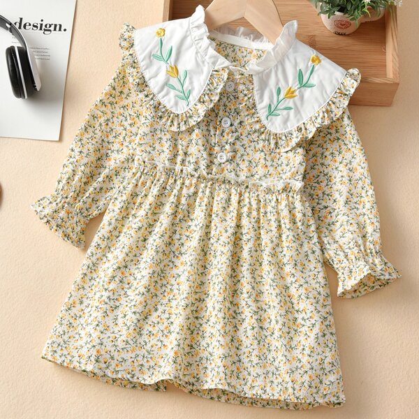 

Toddler Girls Ditsy Floral Statement Collar Embroidery Smock Dress, Multicolor