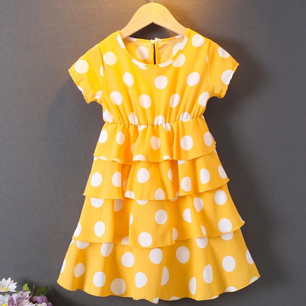 

Toddler Girls Layered Hem Polka Dot Dress, Yellow