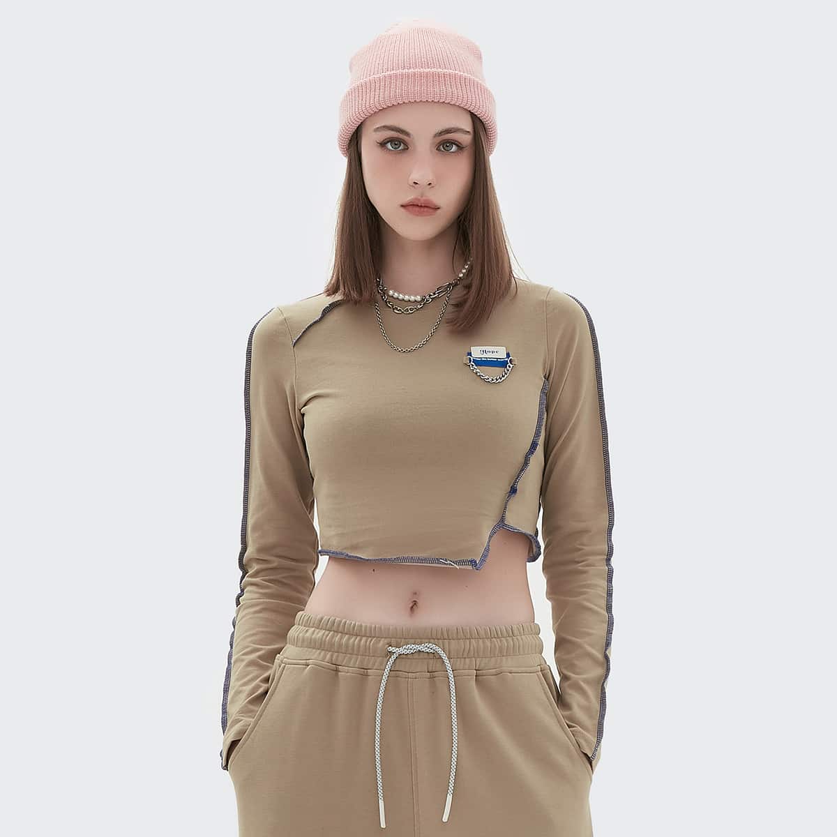 

Chain & Patched Detail Contrast Stitch Crop Tee, Khaki