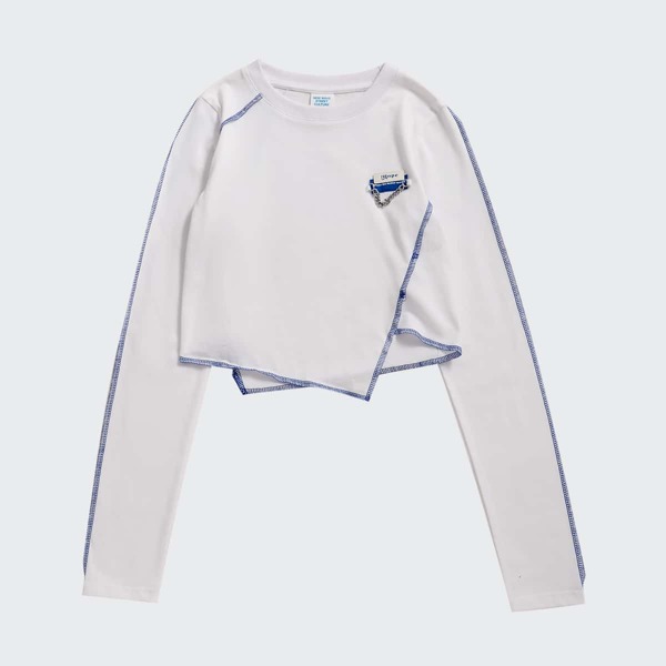 

Chain & Patched Detail Contrast Stitch Crop Tee, White