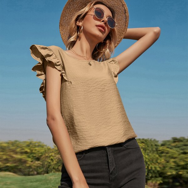 

Ruffle Trim Keyhole Back Blouse, Khaki