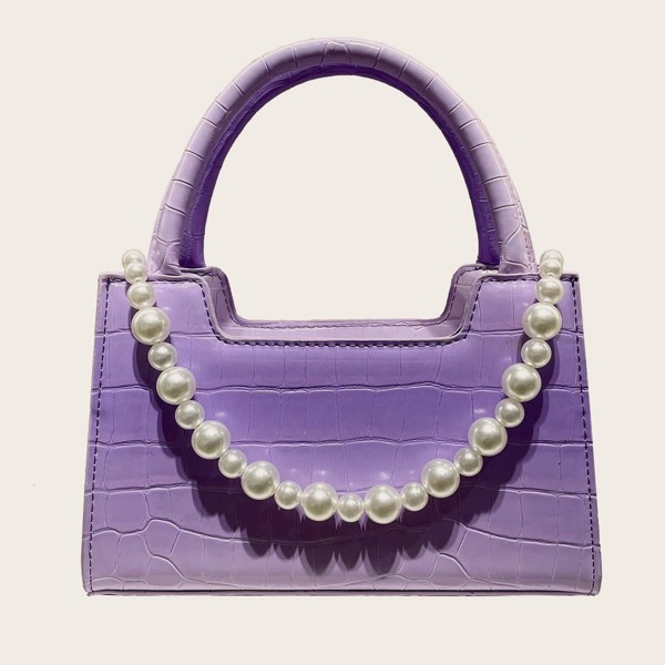 

Faux Pearl Handle Croc Embossed Satchel Bag, Purple