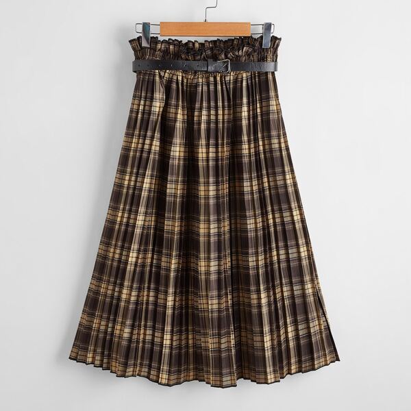 

Plaid Paper Bag Waist Belted Pleated Skirt, Multicolor