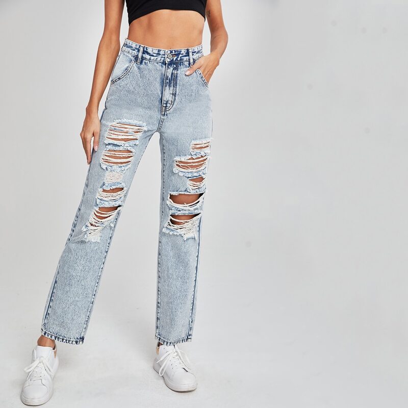 

High Waist Ripped Straight Jeans, Light wash