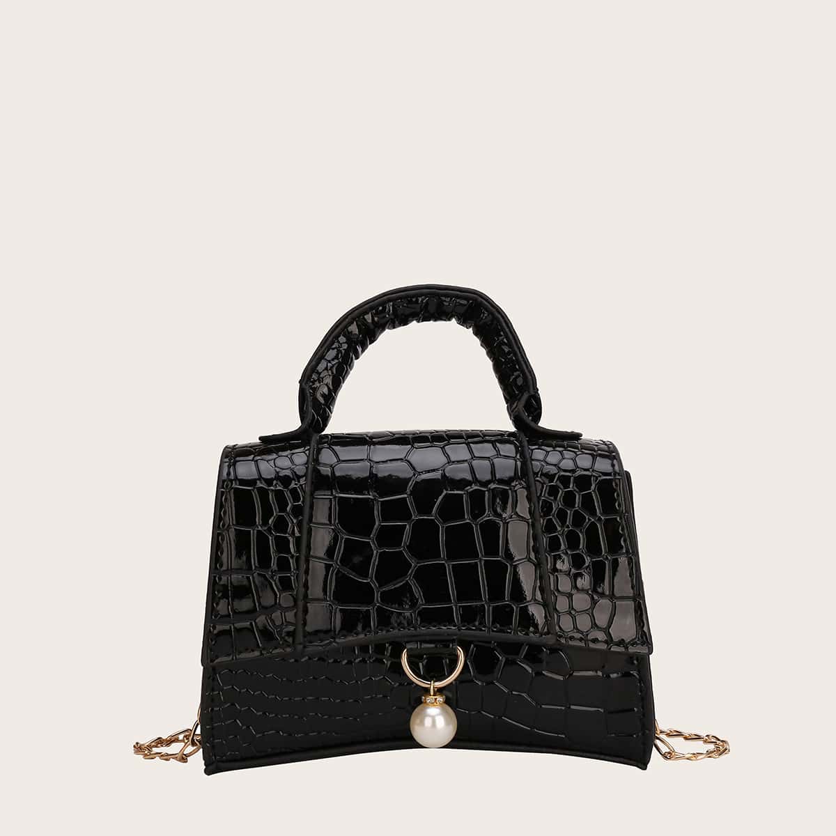

Mini Croc Embossed Satchel Bag, Black