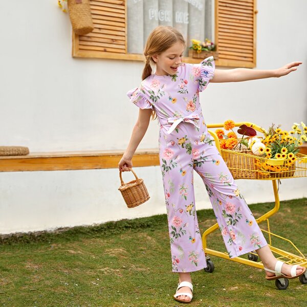 

Girls Ruffle Cuff Wide Leg Floral Print Jumpsuit, Lilac purple