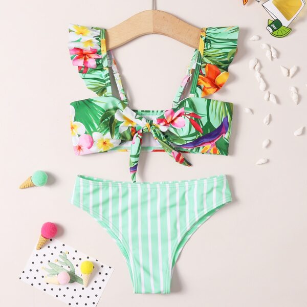 

Girls Tropical & Stripe Ruffle Bikini Swimsuit, Multicolor