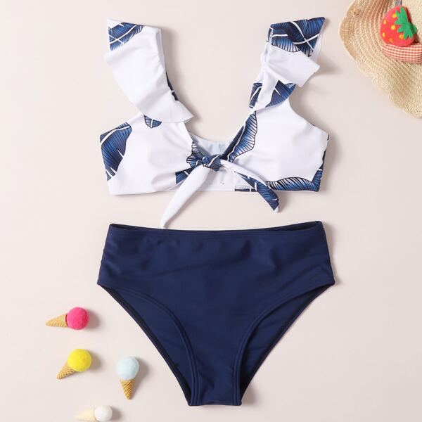 

Girls Leaf Print Knot Front Ruffle Bikini Swimsuit, Blue and white