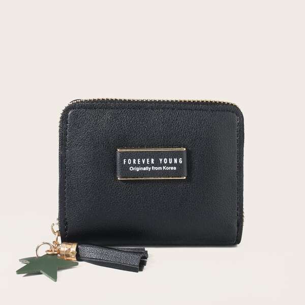 

Tassel Charm Letter Graphic Small Wallet, Black