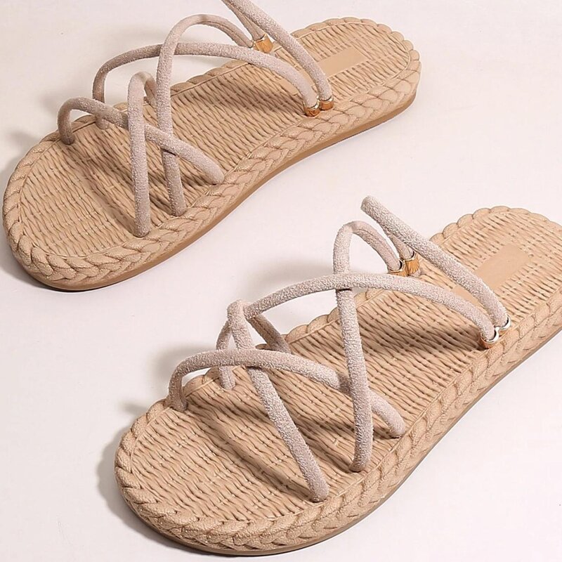 

Thin Strap Slide Sandals, Beige