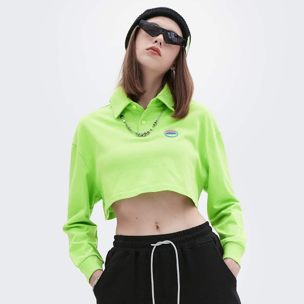 

Neon Green Drop Shoulder Patched Detail Crop Pullover, Green neon