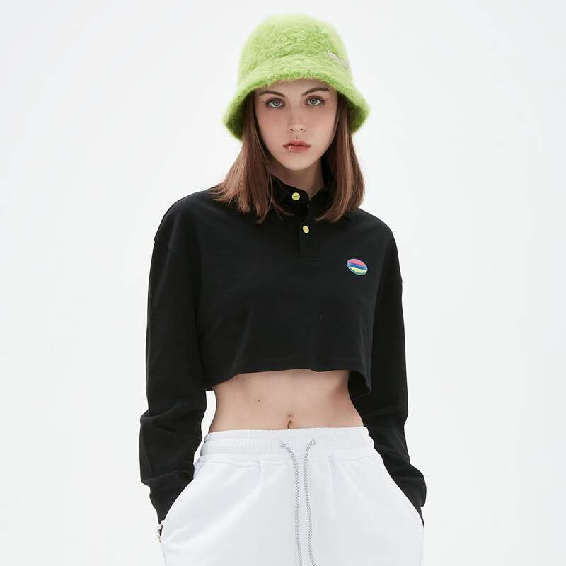 

Drop Shoulder Patched Detail Crop Pullover, Black
