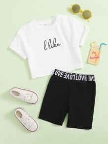 SHEIN 小女童字母圖案T恤和機車短褲套裝 - 黑與白 - 查看 1