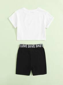 SHEIN 小女童字母圖案T恤和機車短褲套裝 - 黑與白 - 查看 2
