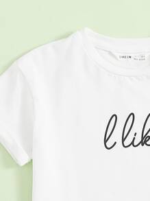 SHEIN 小女童字母圖案T恤和機車短褲套裝 - 黑與白 - 查看 3