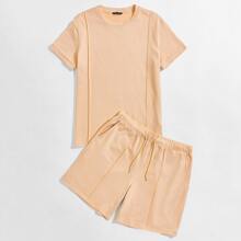 Guys Seam Front Solid Tee & Drawstring Track Shorts Set