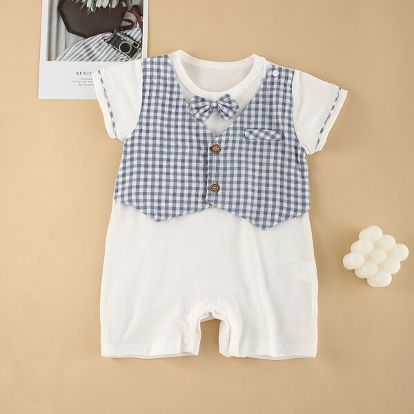 

Baby Boy Bow Front Gingham Romper, Blue and white