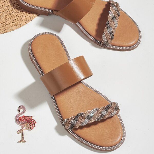 

Rhinestone Decor Double Band Slide Sandals, Camel