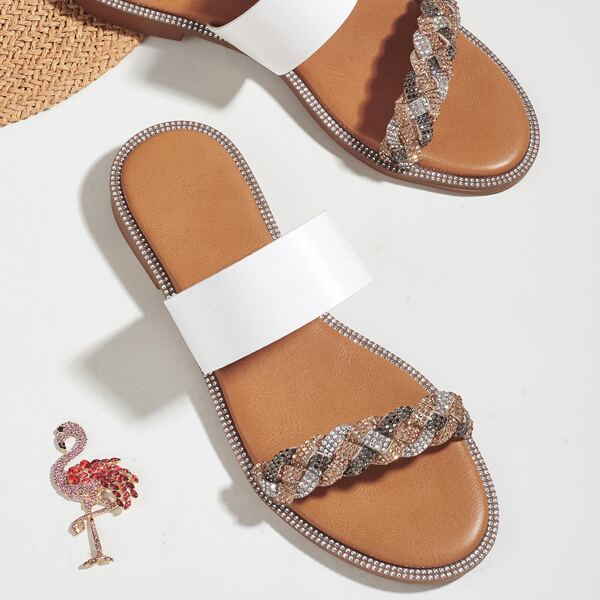 

Rhinestone Decor Double Band Slide Sandals, White